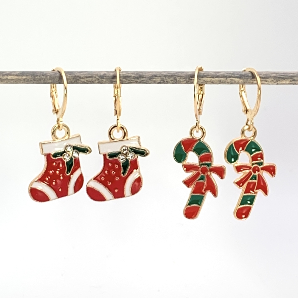 2 Pairs! Christmas Stockings and Candycane Earrings